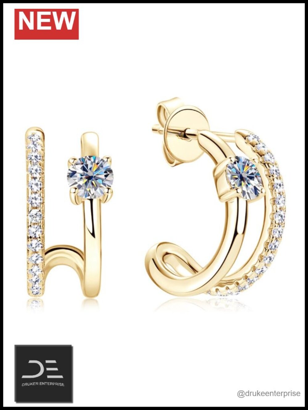 Diamond Stud Earrings 14K Solid Gold Half-Moon VVS1 Women Jewelry Gift